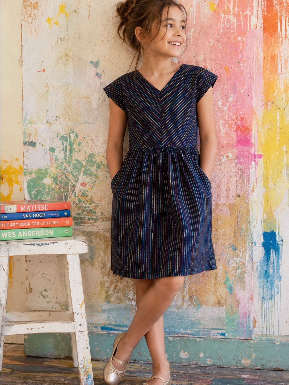 Tea Collection Rainbow Metallic Stripe‎ Dress Size 12 Navy Cotton Lined Pockets